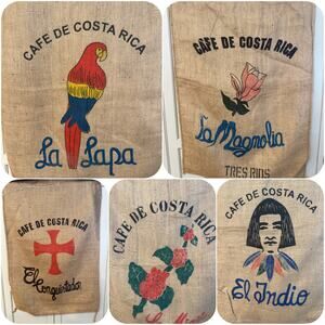Set of 5 Costa Rica Coffee Sack Jute Burlap Cafe Bag Colorful 43”x28” JL